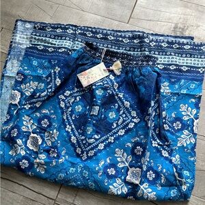Johnny Was Navy and Teal Patterned Linen Skirt